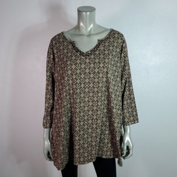 White Stag Top Plus Size 3X 22W 24W Beaded Stretch V-Neck 3/4 Sleeve Brown - Picture 2 of 5